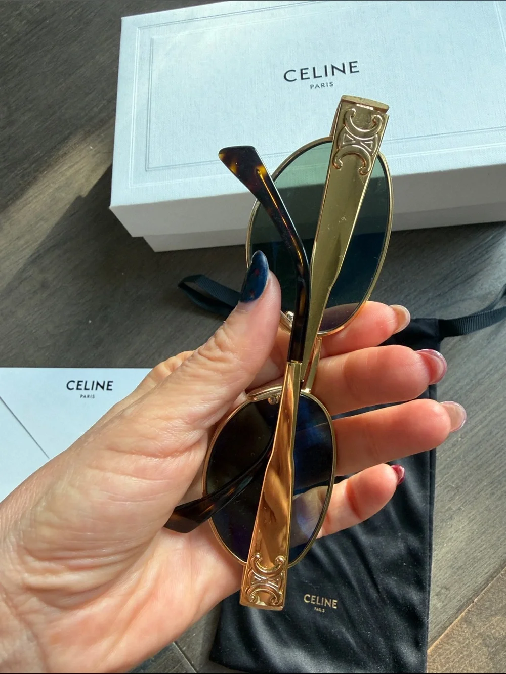 Celine Gold Sunglasses with Brown Leather Crossbody Pouch